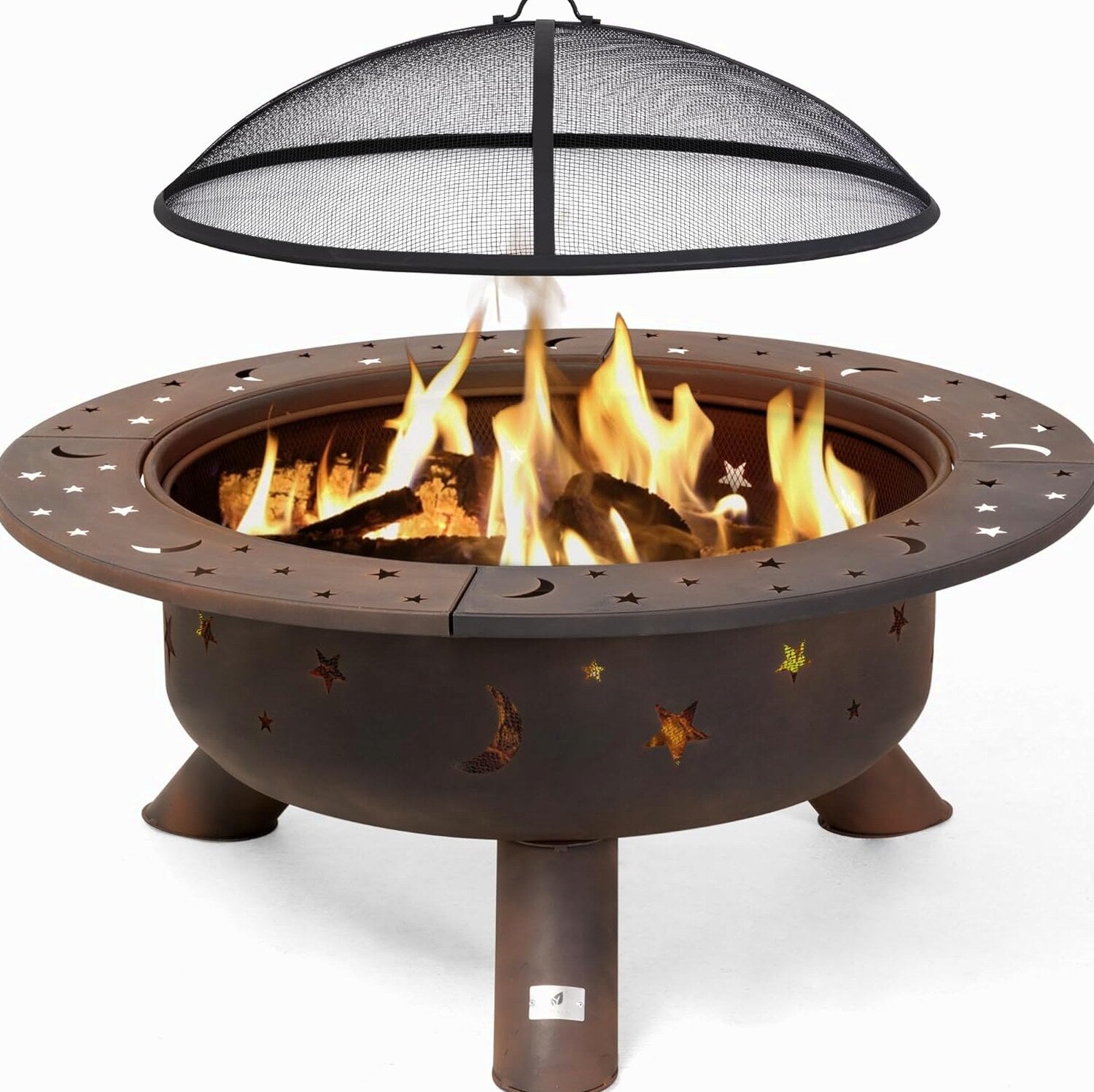 SUNCREAT 42 Inch Star Pattern Wood Burning Patio Fire Pit With Mesh Spark Screen And Poker, Black
