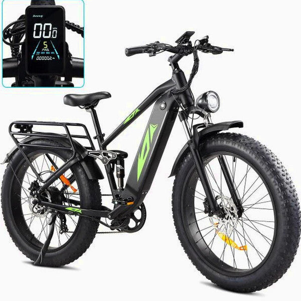 Adult Electric Bike 1000W 48V 17.5AH, 26 Fat Tire, Full Suspension, 7 Speed, 60 Miles Range – UL Certified