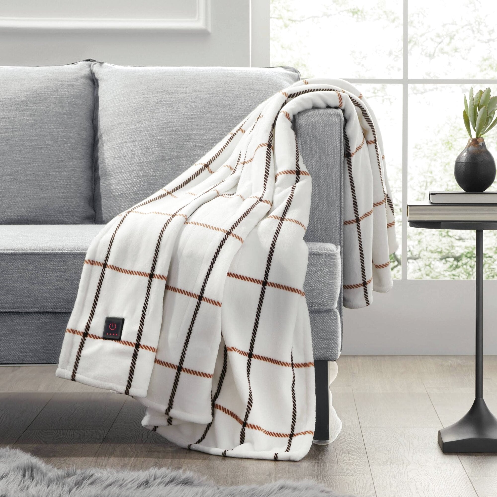 Brookstone Cozy Heated Plush Throw Blanket 50×60 in Camel Window Pane