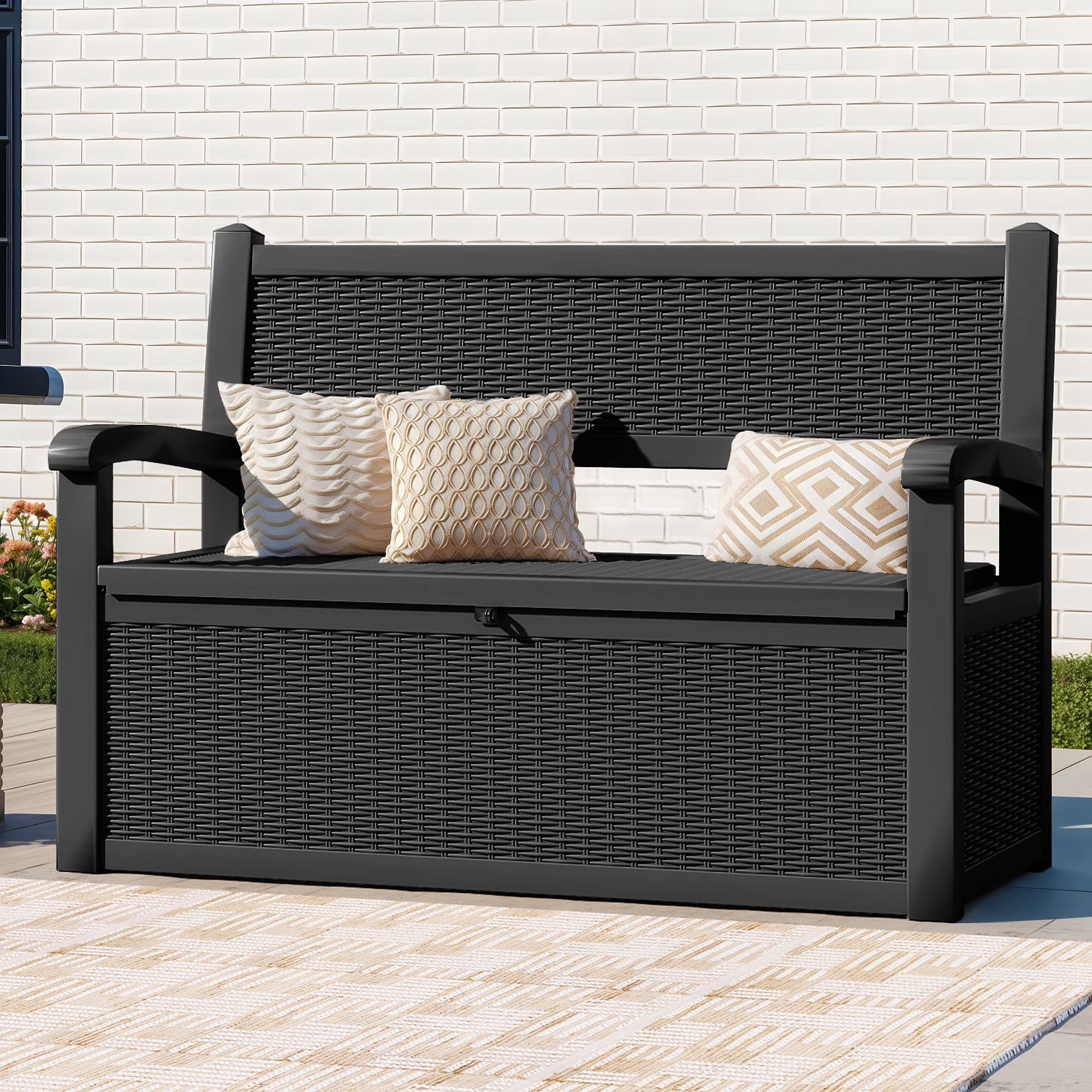 ModFusion 70-Gallon Outdoor Resin Storage Bench With Rattan Backrest, Black – C