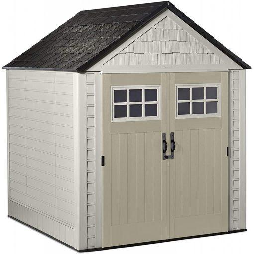 Rubbermaid Resin Outdoor Garden Storage Shed With Windows And Utility Hooks, Sand – 7×7 Ft