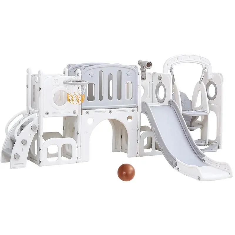 Keezi 4-In-1 Outdoor Play Set With Slide, Swing, Basketball Hoop And Football Ring – Grey And White, 246CM x 147CM x 106.5CM