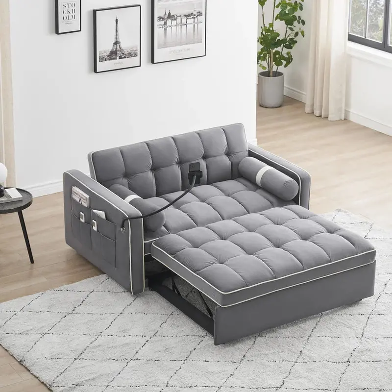 GNIXUU 3-in-1 Velvet Sleeper Sofa Bed With Adjustable Backrest And Storage – 55.5in W x 36in D x 30in H, 70in D x 45in W x 24in H