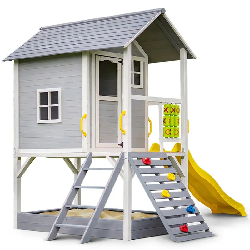 ROVO Wooden Tower Cubby House With Slide, Sandpit, Climbing Wall And Tic-Tac-Toe Panel, Grey, 236 x 176 x 248cm – PLYCBHRV4GYA