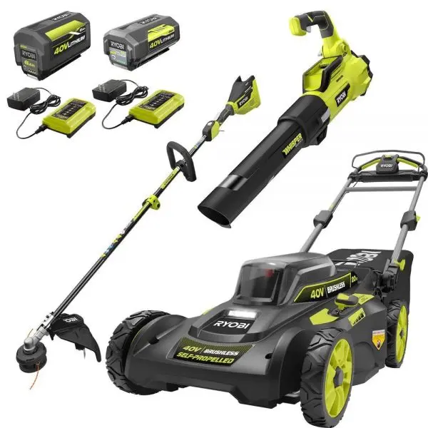 RYOBI 40V Brushless 20-Inch Self-Propelled Mower Kit With Trimmer, Blower, Dual Batteries And Chargers – RY401120-Y RY40270 RY40407BTLVNM