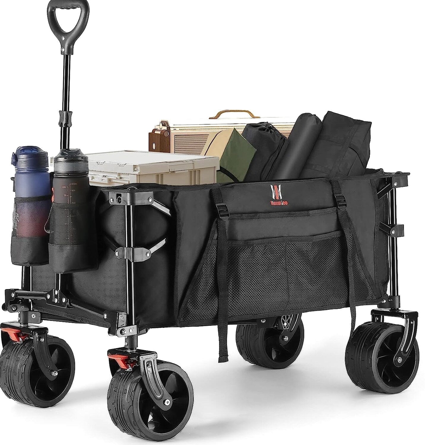 Navatiee Collapsible Folding Utility Wagon Cart With Big Wheels, Side Pocket And Brakes – T1