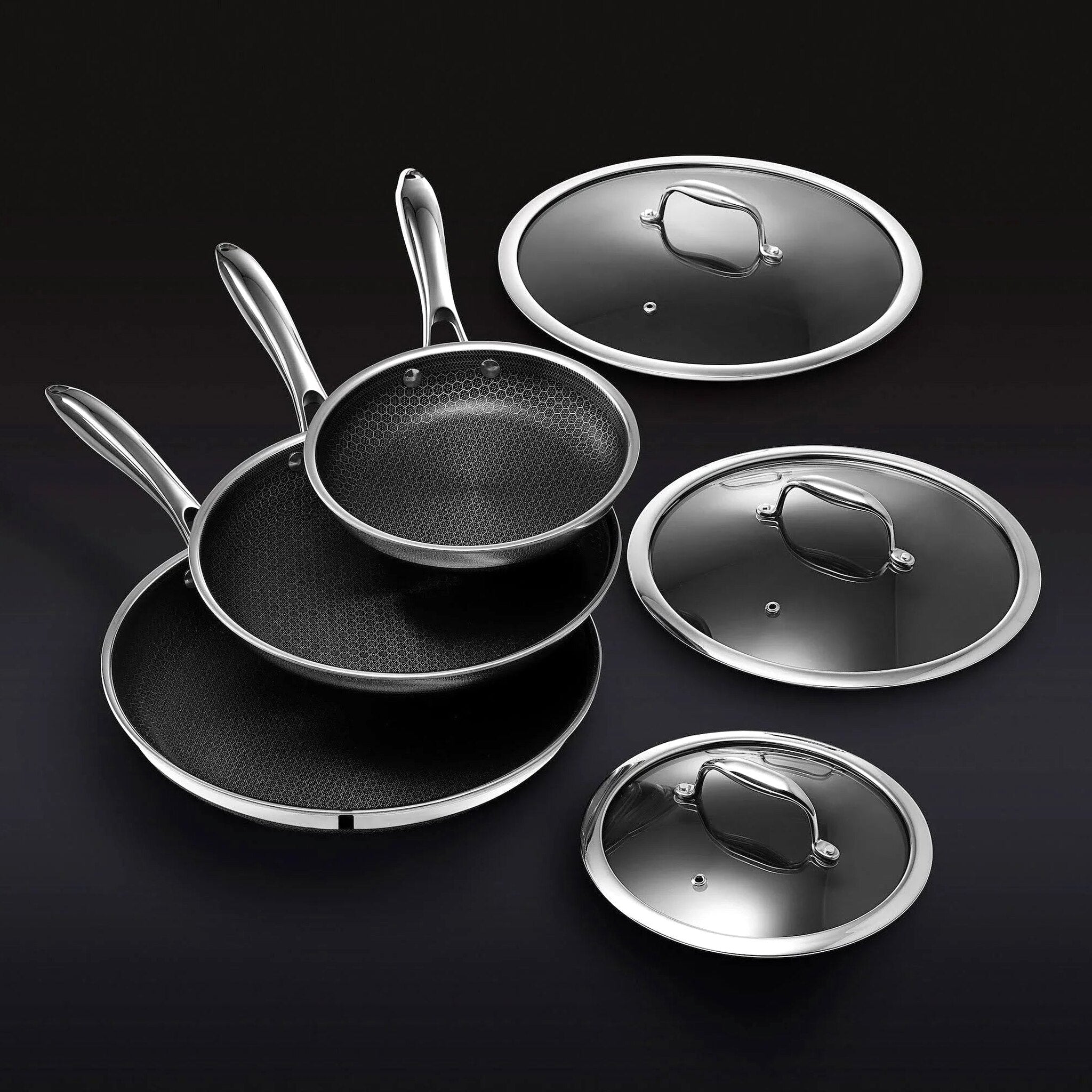 HexClad 6 Piece Hybrid Stainless Steel Cookware Pan Set, 8 inch, 10 inch, 12 inch With Glass Lids – Black