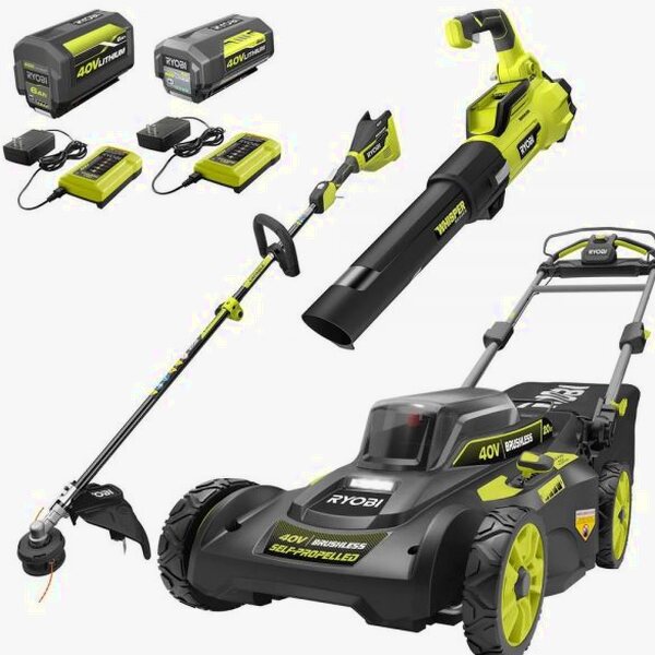 RYOBI 40V 20 in Self-Propelled Mower/Trimmer/Blower Kit, 2 Batteries, 2 Chargers – RY401120-Y/Ry40270/RY40407BTLVNM