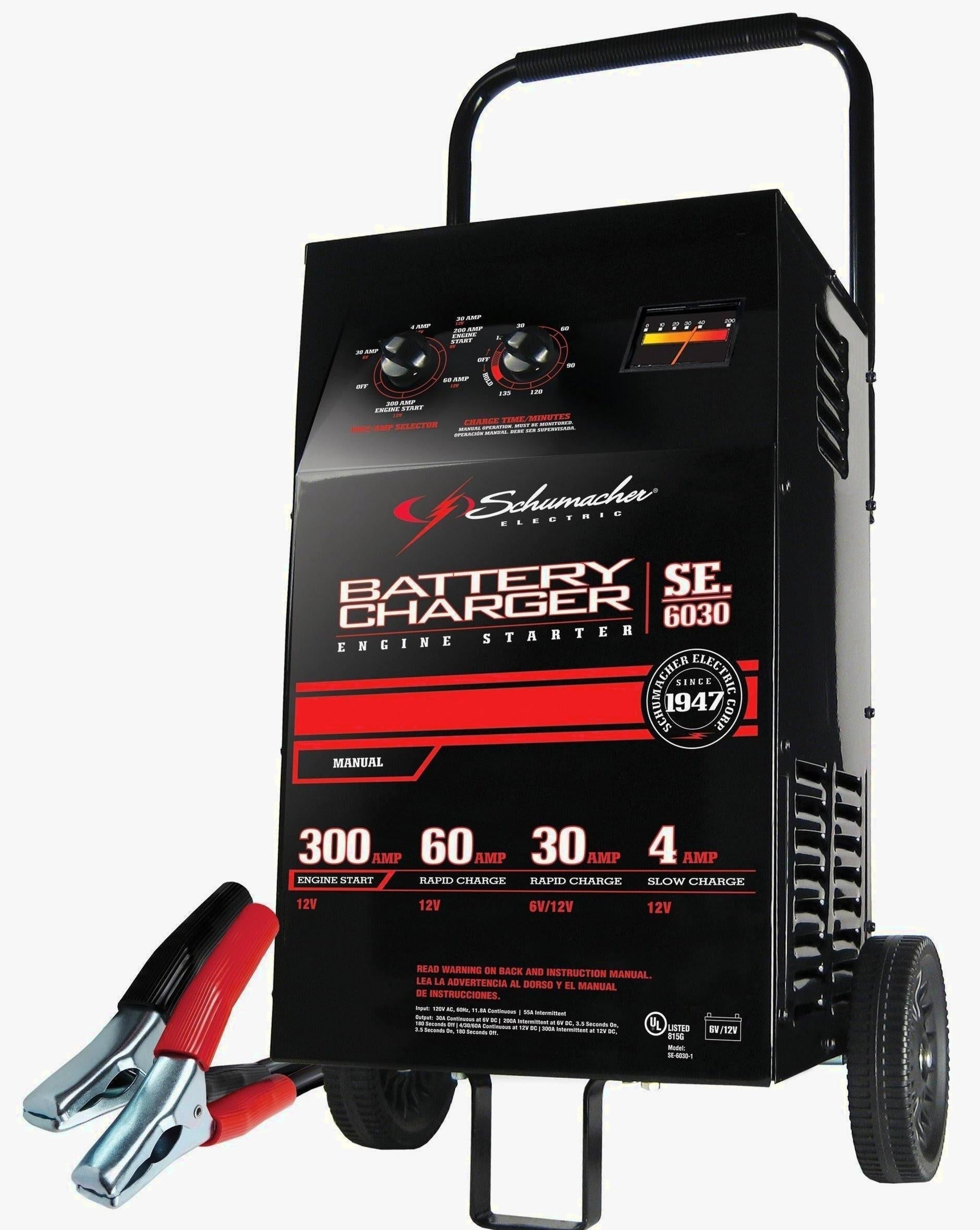 Schumacher Electric Wheeled Battery Charger And Engine Starter, 300 Crank Amps, 6 Volts, 12 Volts – SC1446