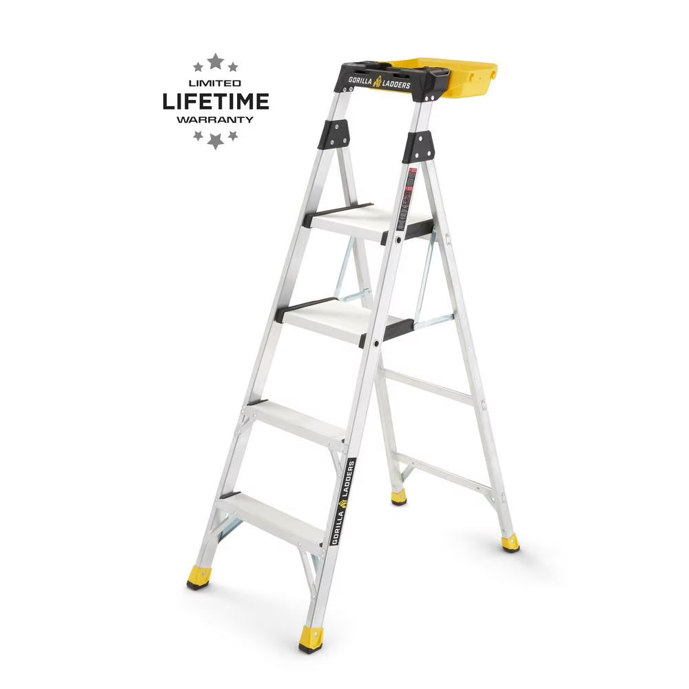 Gorilla Ladders Aluminum Dual Platform Heavy-Duty Ladder With Project Bucket, 5.5 ft, 300 lb Capacity – Multicolor