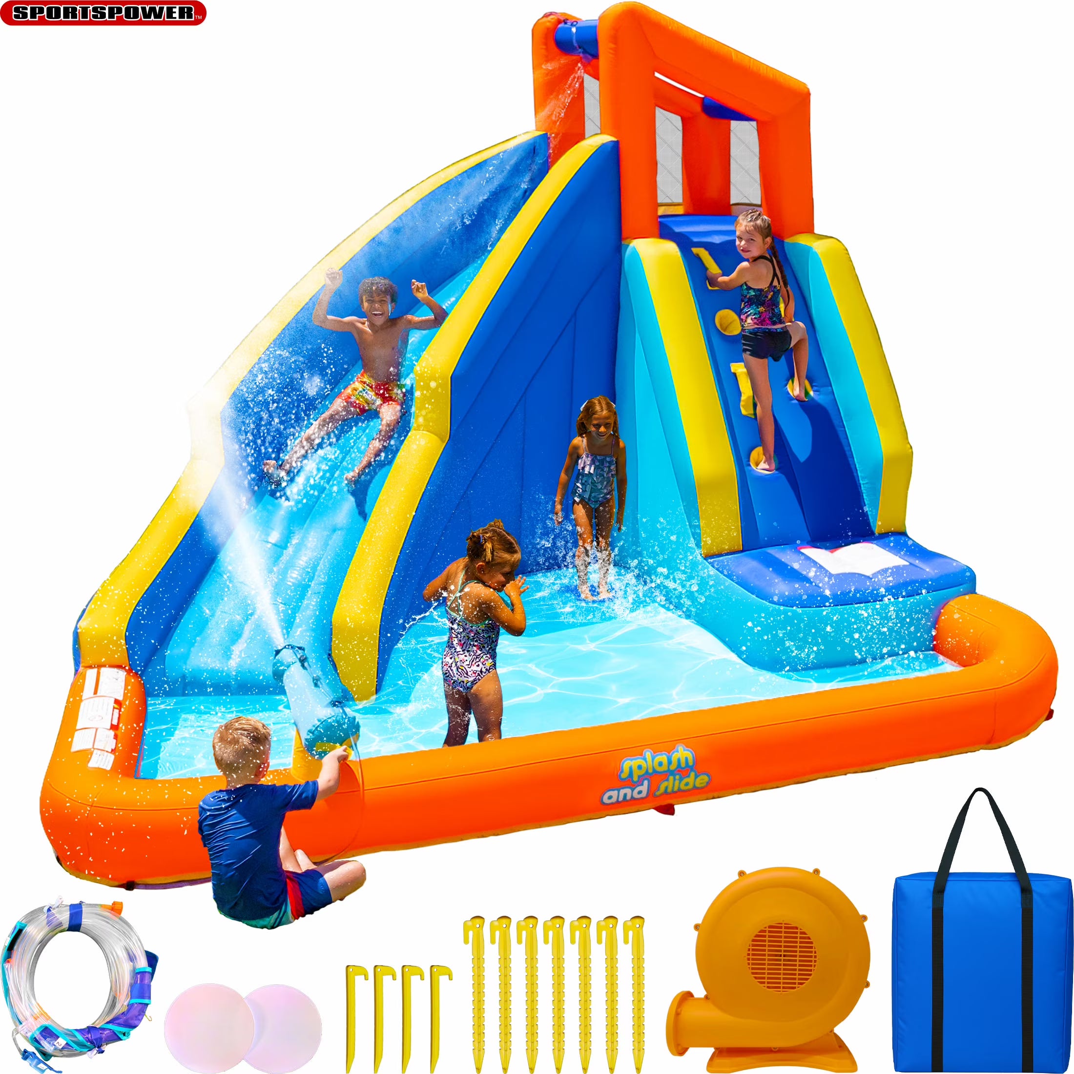 Sportspower Inflatable Water Slide With Climbing Wall And Splash Pool, Ages 3-8, 250 lbs – Big Wave II