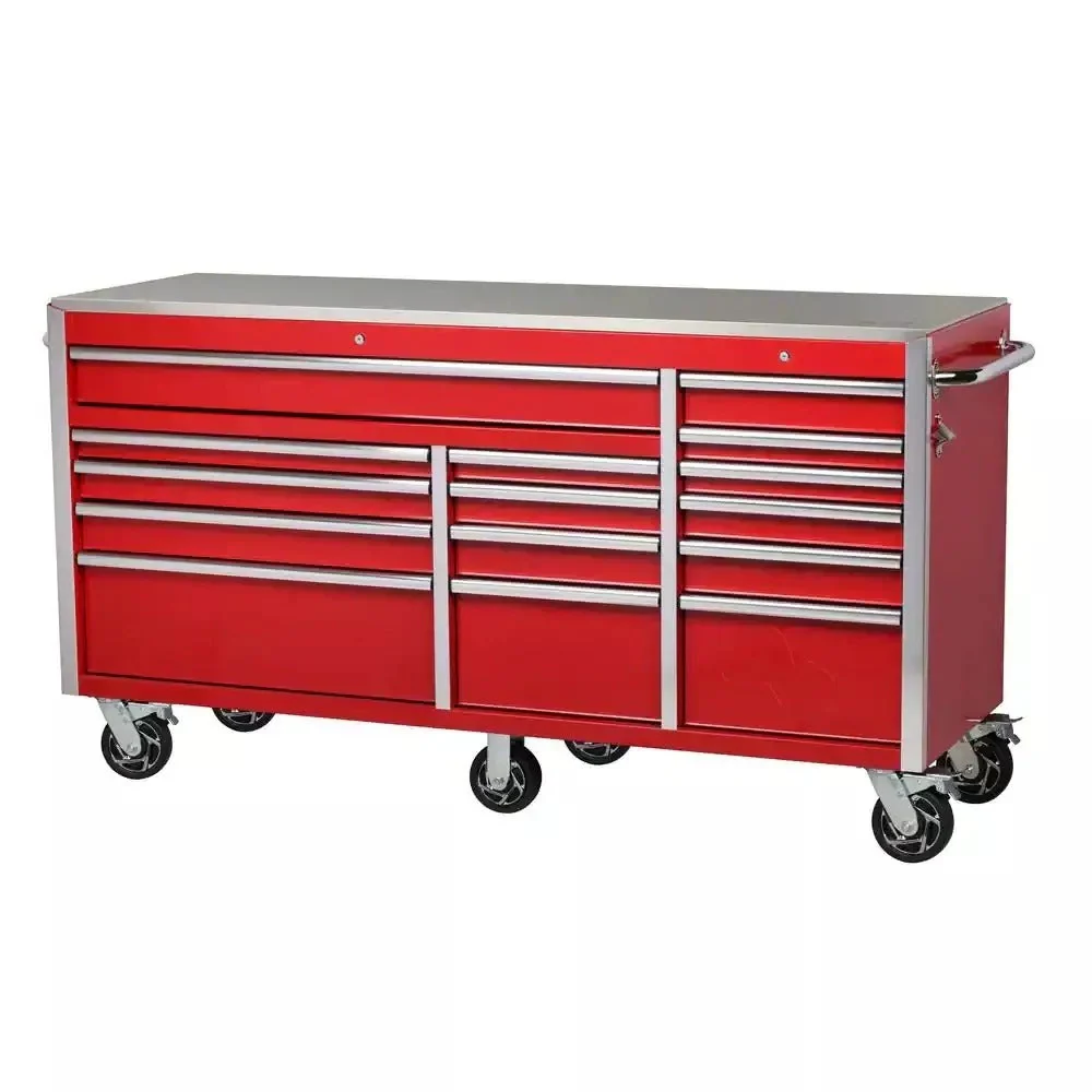 Heavy-Duty 72 in W x 24 in D 15-Drawer Mobile Workbench With Stainless Steel Top – Red