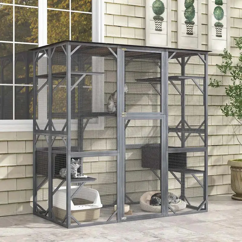 71-Inch Outdoor Wooden Catio Enclosure With 7 Platforms And 2 Condos – Grey