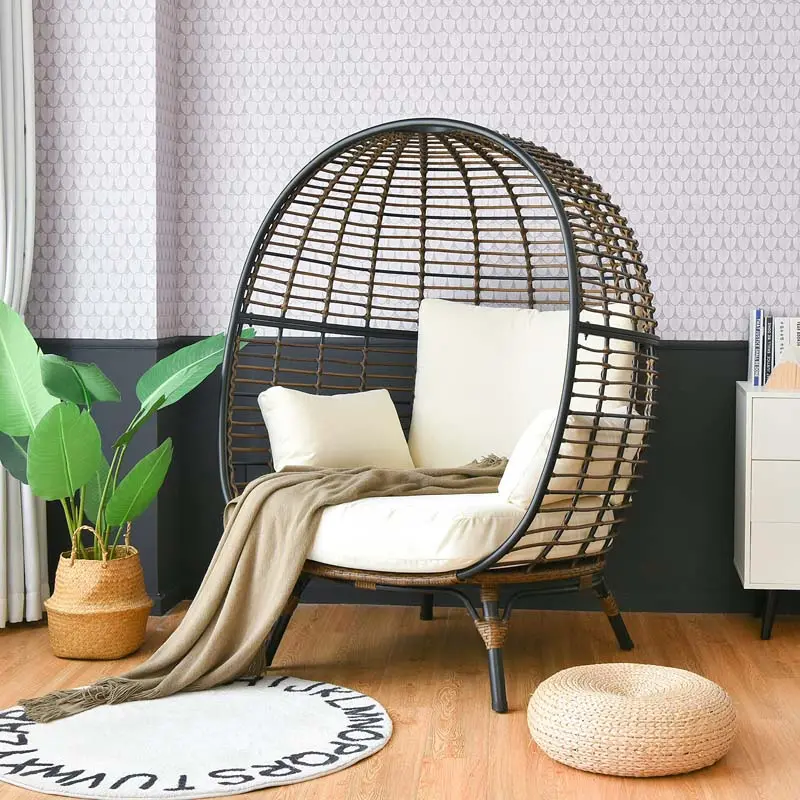 Oversized Wicker Egg Lounge Chair With Four Cushions – Steel-Framed Indoor/Outdoor Basket Seating