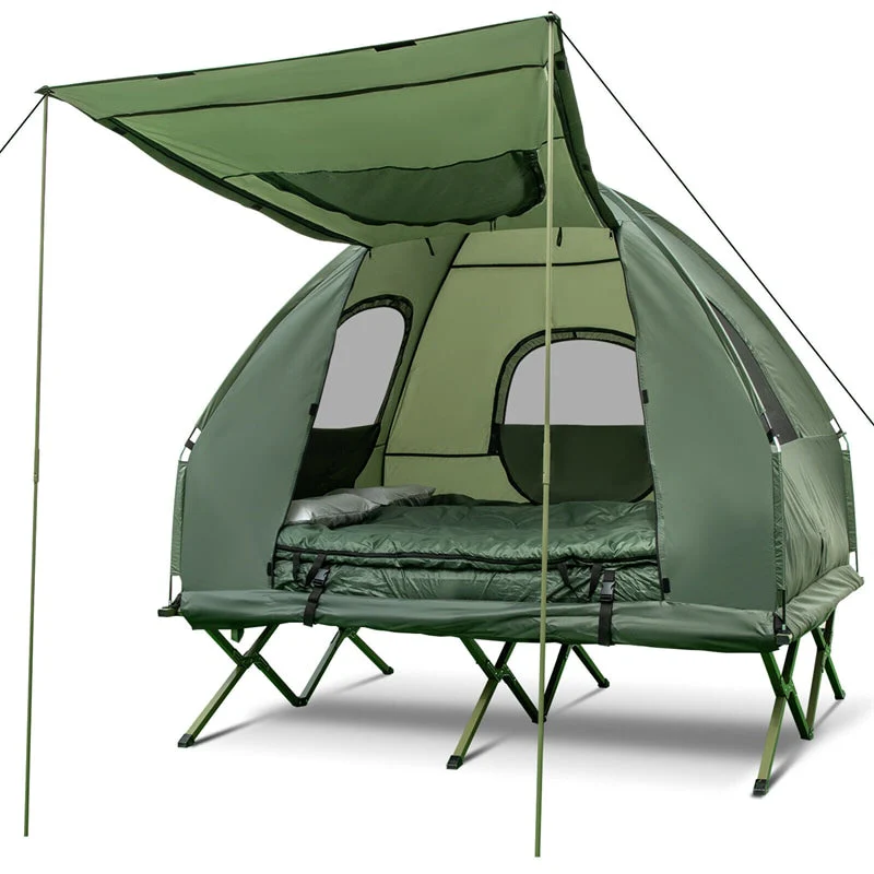 5-in-1 2-Person Portable Camping Tent Cot With Air Mattress, Sleeping Bags And Sunshade – Green & Blue