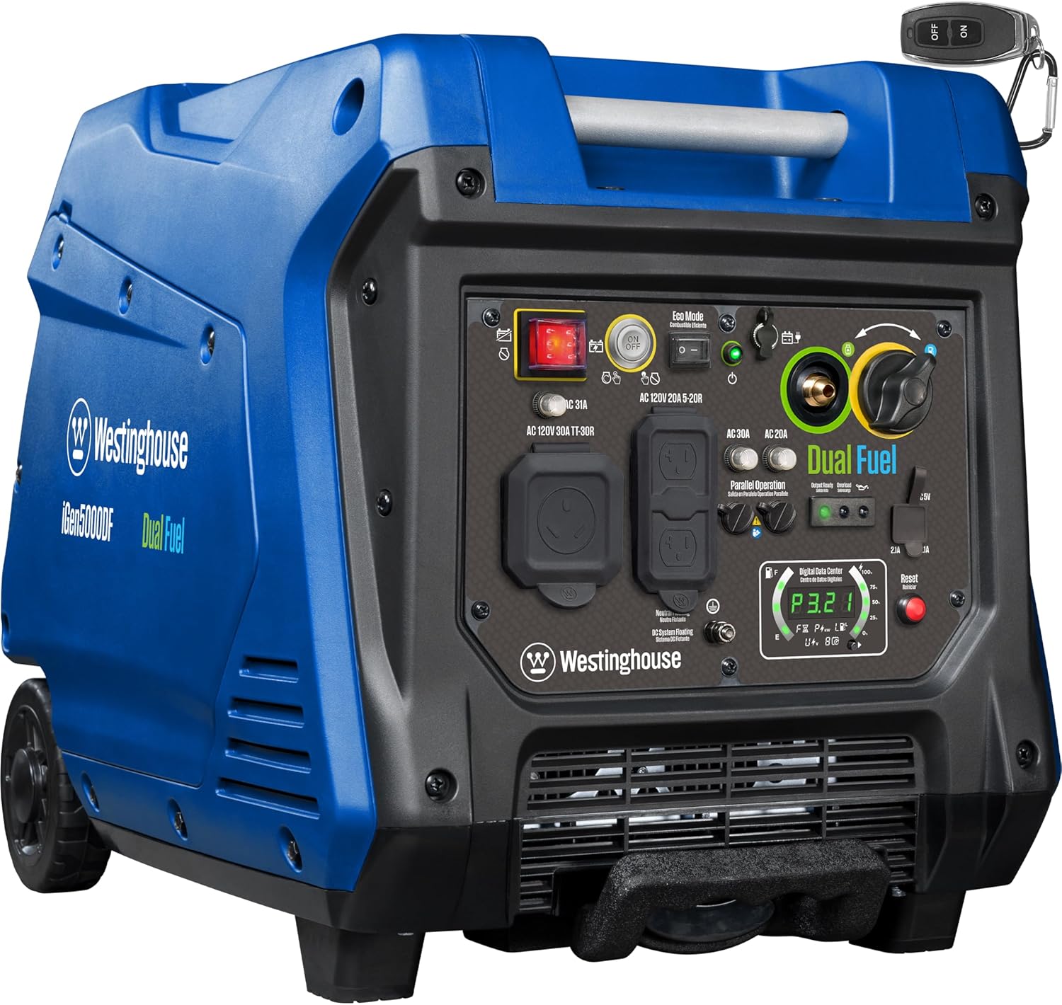 Westinghouse Dual Fuel Portable Inverter Generator, 5000 Peak Watt, 3900 Rated Watt, Blue/Black – iGen5000DF