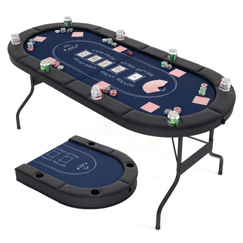 8-Player Foldable Poker Table, 72in With Cup Holders – Blue/Black/Green