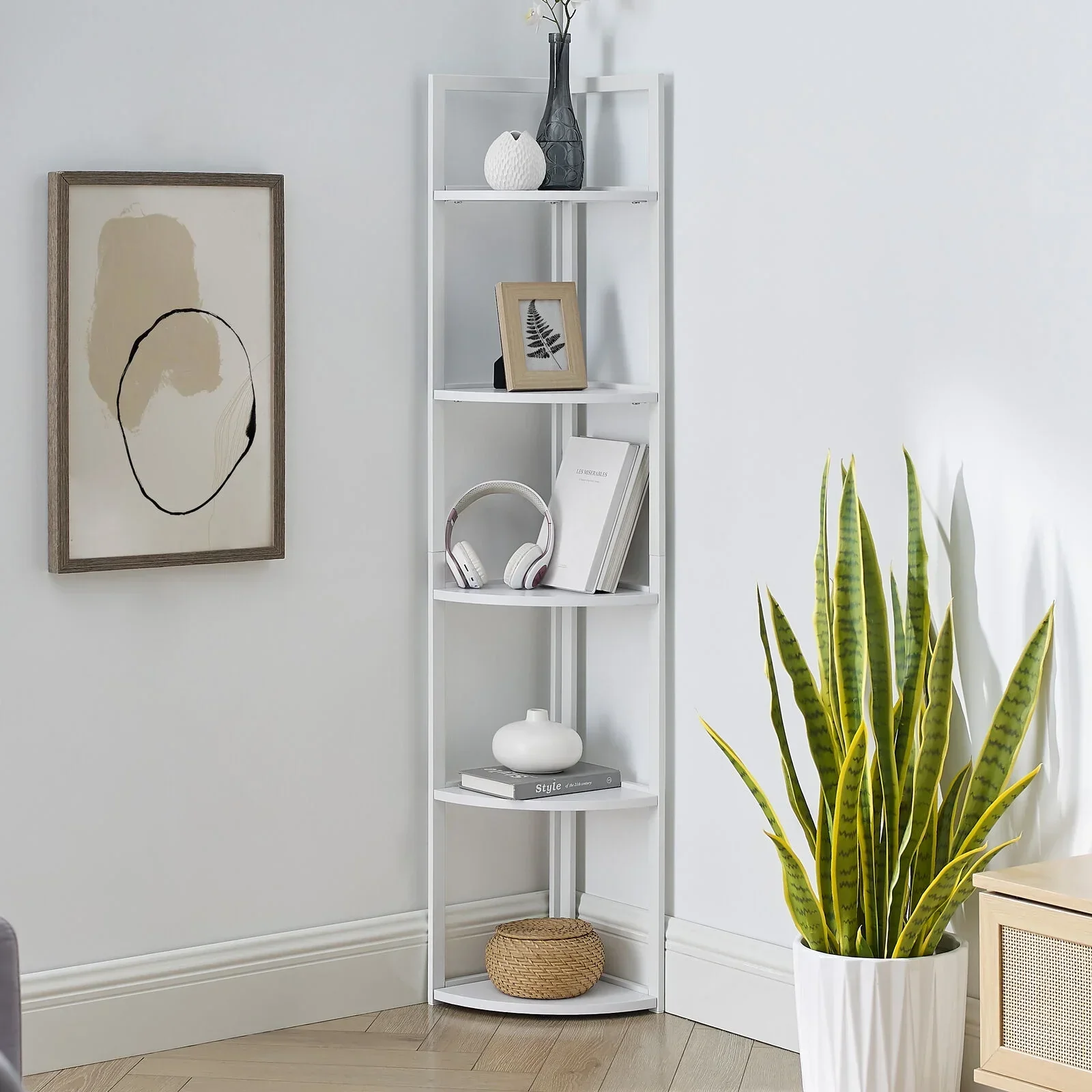 SWAREY 5 Tier Corner Bookcase Plant Stand Storage Shelf White