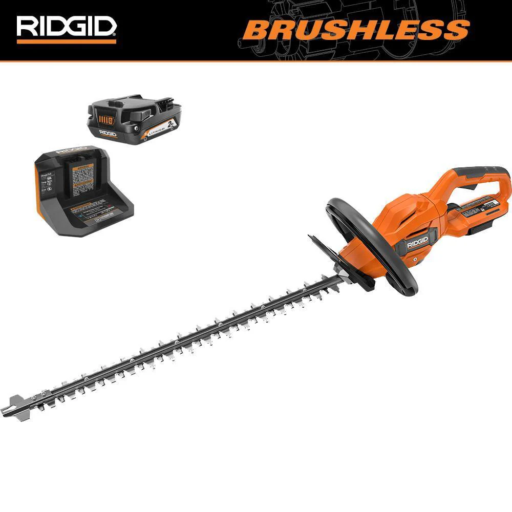 RIDGID 18V Brushless Cordless 22 in Hedge Trimmer Kit With 2.0 Ah Battery And Charger – R01401K