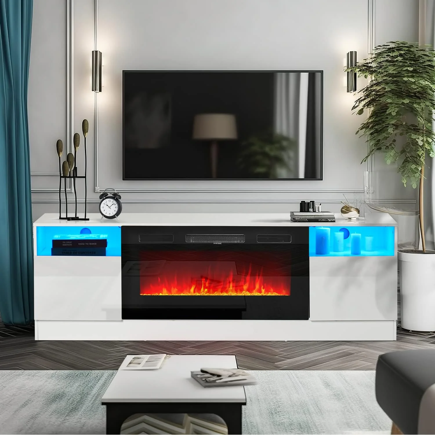 Oneinmil Fireplace TV Stand, 70in L x 13.8in W x 23in H, White – 36in Electric Fireplace