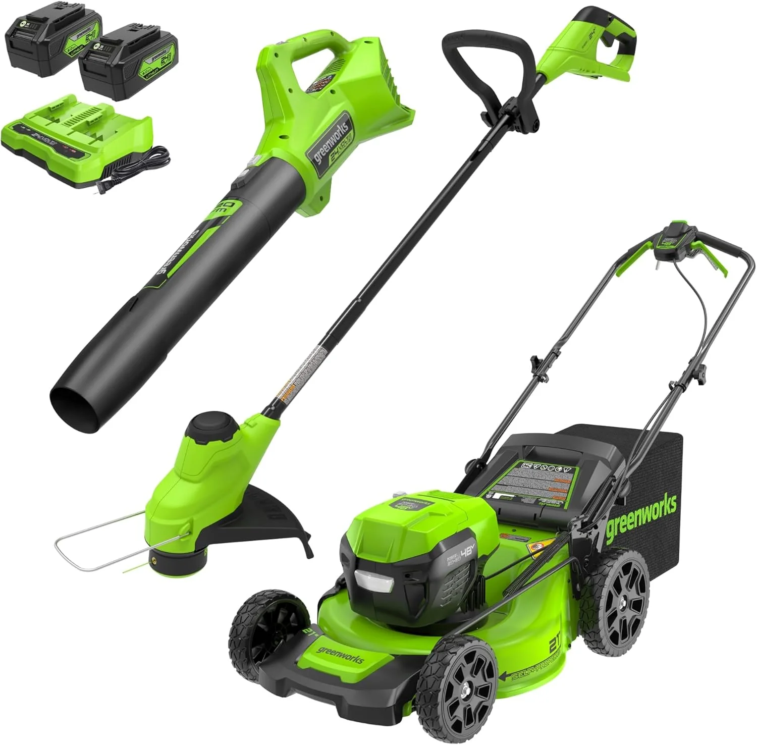 Greenworks 48V (24V x 2) 21 in Brushless Self-Propelled Mower, 12 in String Trimmer And 320 CFM Blower – CK24L5242