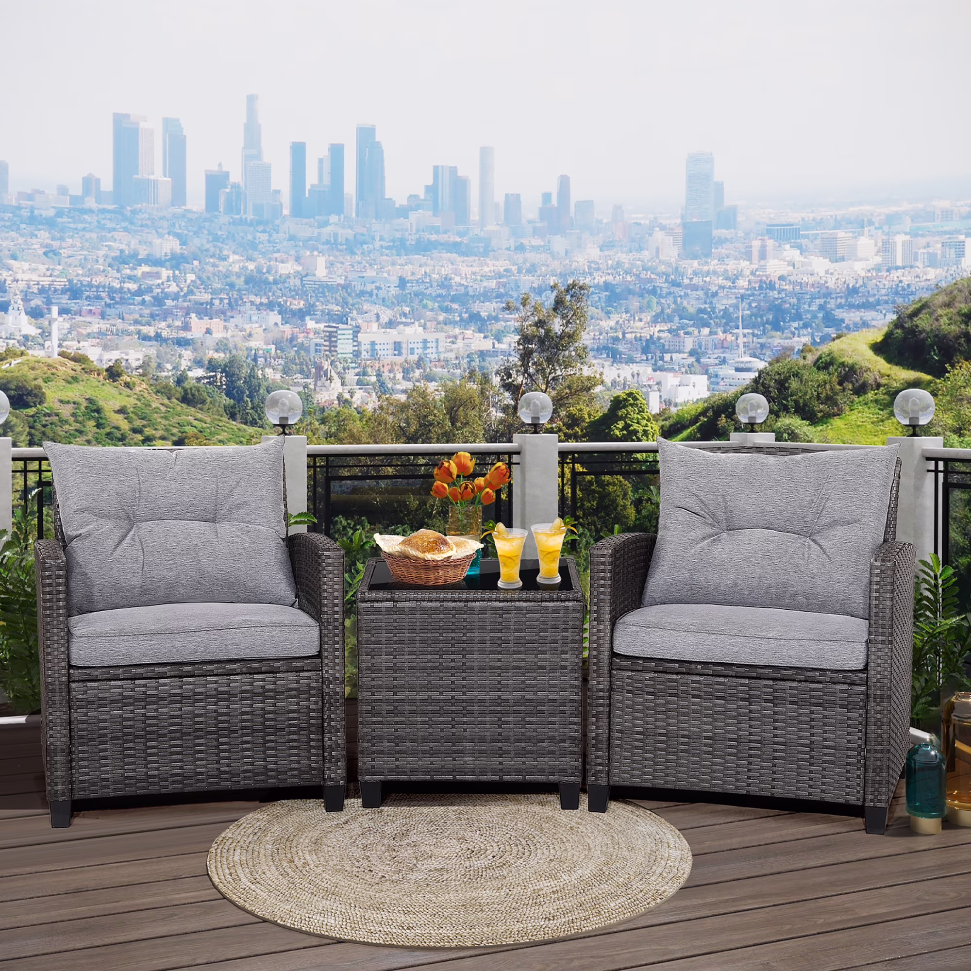 Gymax 3-Piece Patio Rattan Conversation Set With Glass Tabletop And Grey Cushions