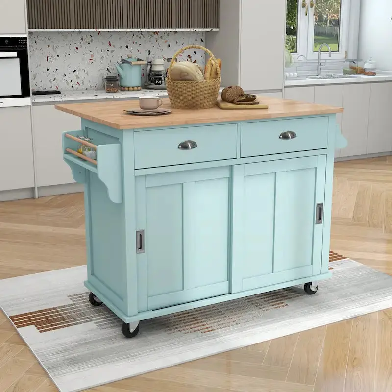 Rubberwood Kitchen Island Cart With Drop-Leaf Countertop, Concealed Barn Door Storage And 4 Locking Casters – 52.2 x 30.5 x 36.6 Inches