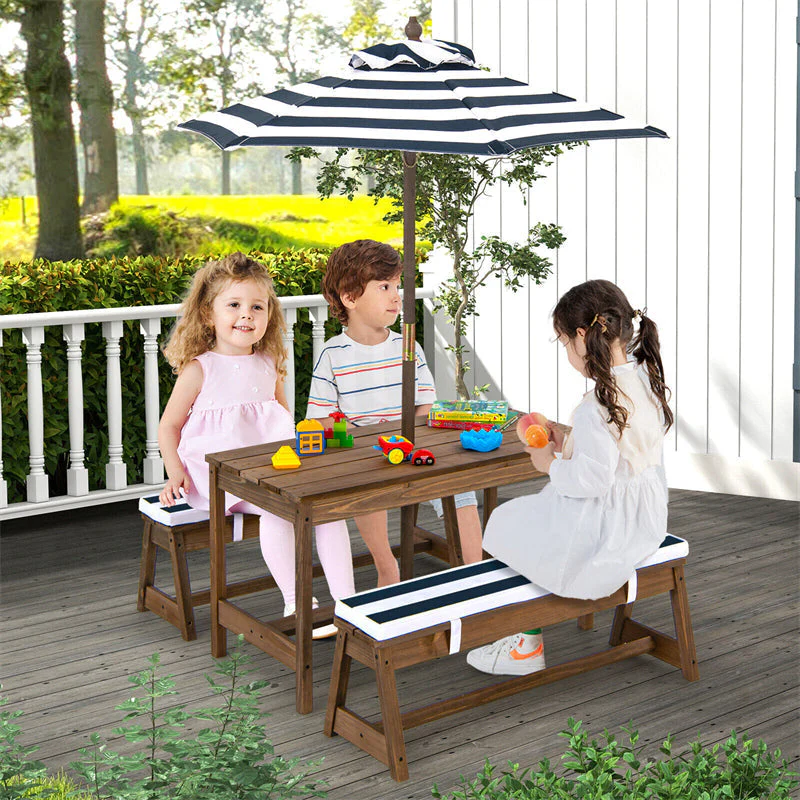 Wooden Kids Picnic Table Bench Set With Cushions And Height-Adjustable Umbrella – 35 in