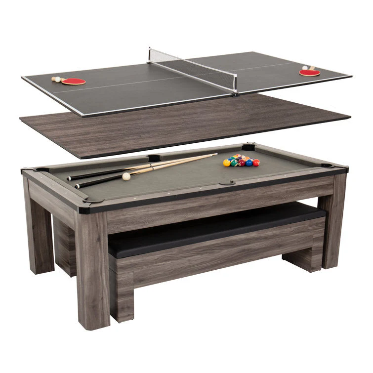 7′ 3-In-1 Combination Table With Billiards, Table Tennis, Dining Table, And Storage Benches