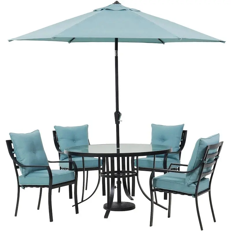 Hanover Lavallette 5-Piece Patio Dining Set With Ocean Blue Chairs, 52-Inch Round Glass Table, 9-Ft Umbrella And Base