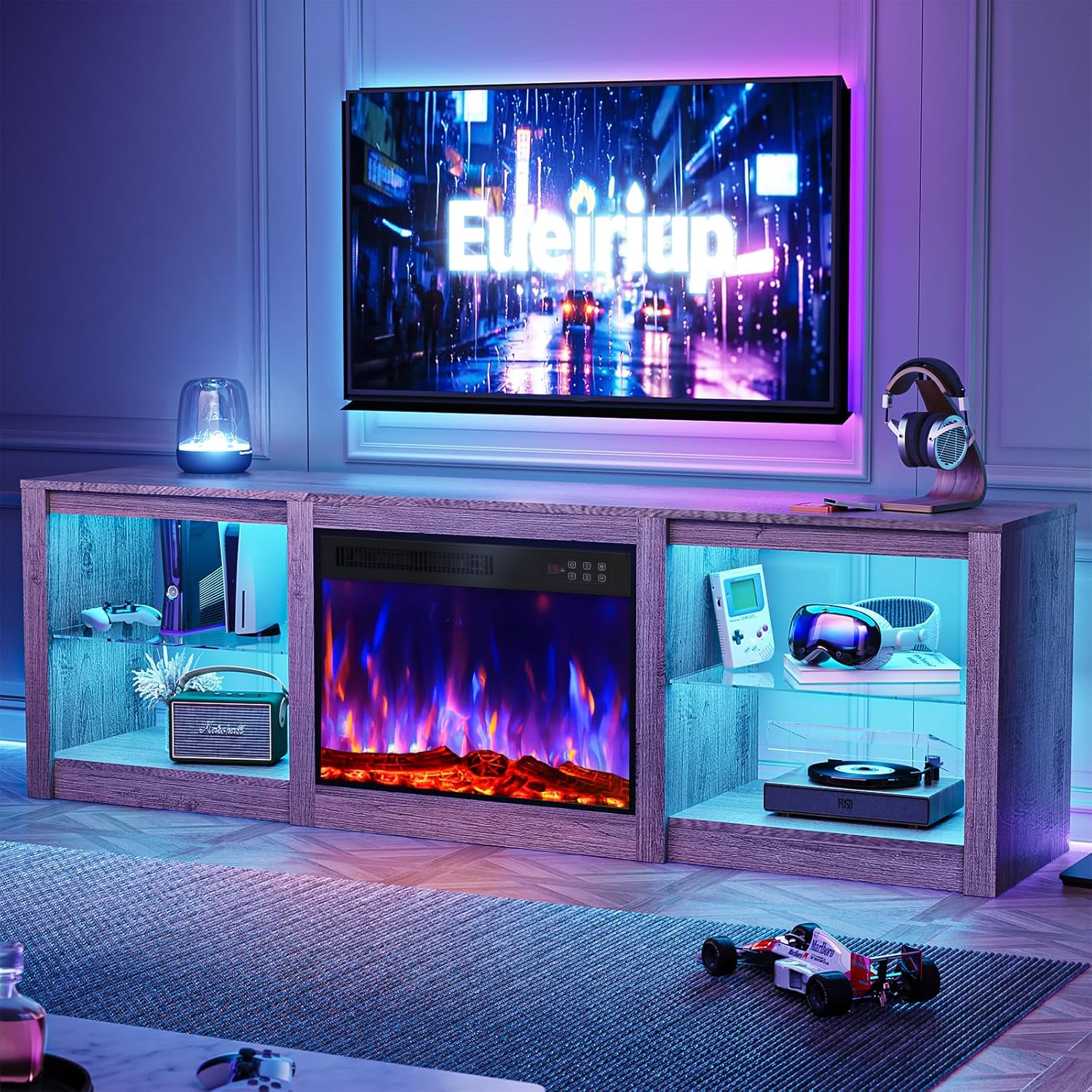 70 Inch Fireplace TV Stand For TVs Up To 80 Inches With 23 Inch Electric Fireplace Insert – Gray