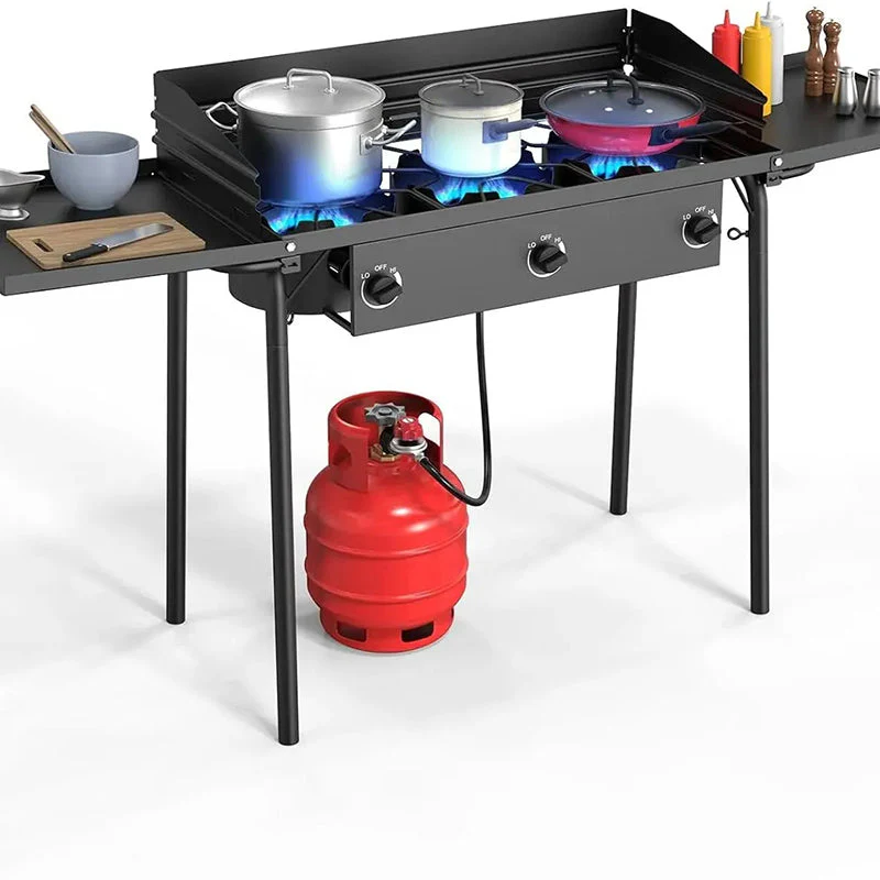 3-Burner Propane Gas Stove With 2 Side Shelves, Removable Legs, Wind Panel And Regulator