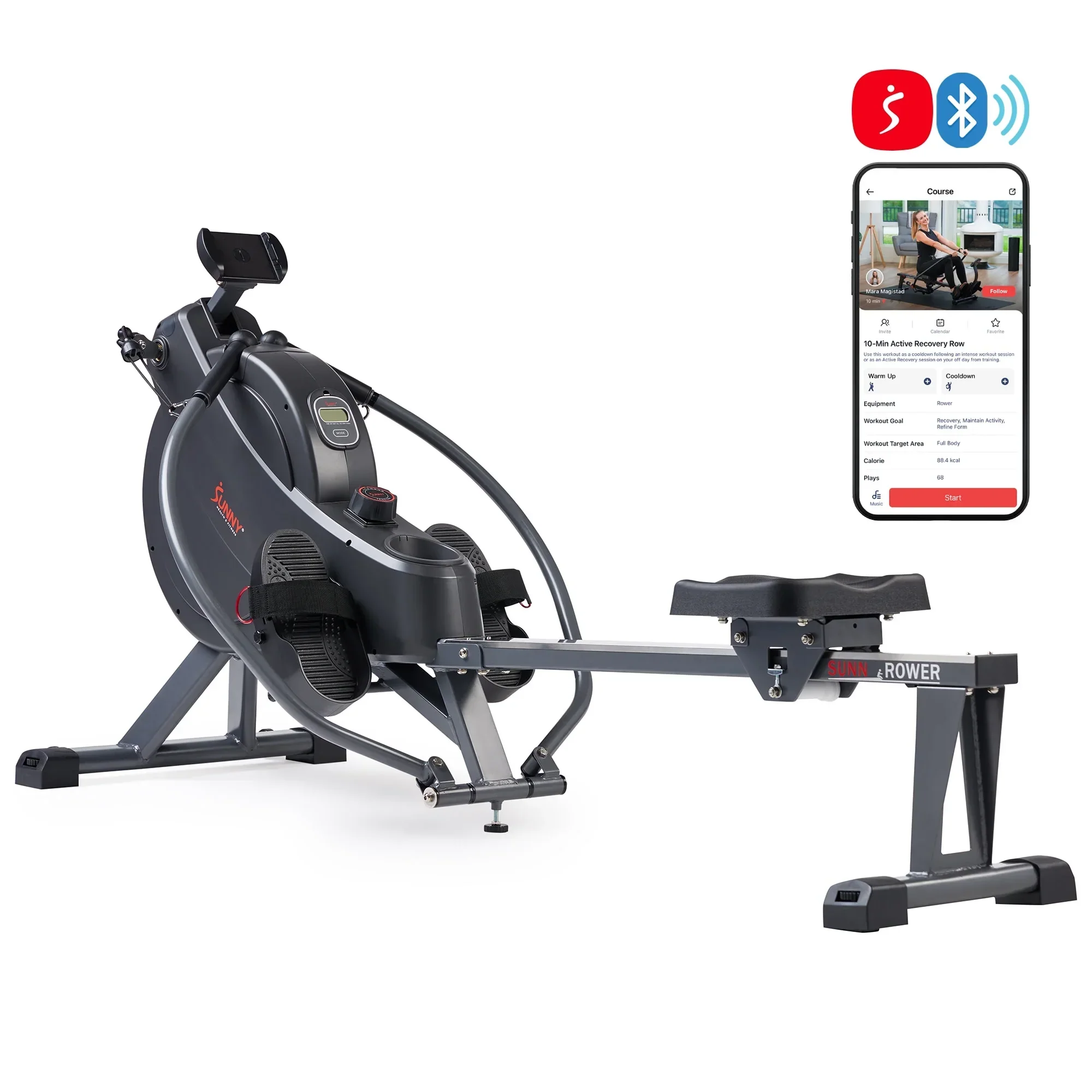 Sunny Health & Fitness MotionMax SMART Magnetic Rowing Machine, 16-Level Resistance, 51 in Rail – SF-RW522067
