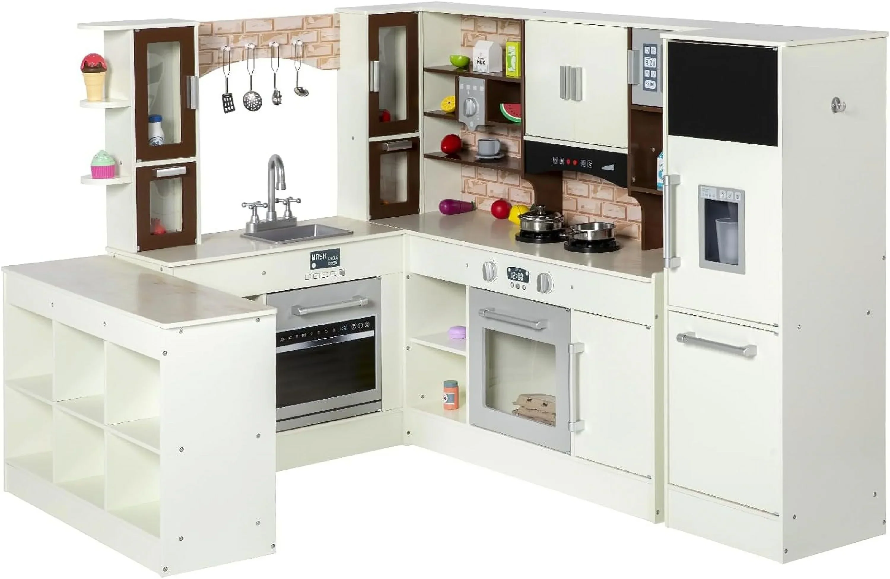 BRINJOY 3-Piece Wooden Kids Play Kitchen Set With Light and Sound – White and Coffee