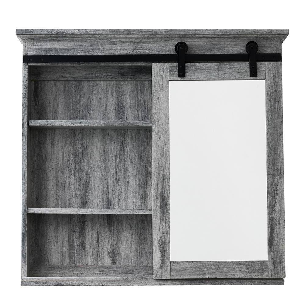 Wood Medicine Cabinet With Mirror, Washed Gray – Sliding Barn Door