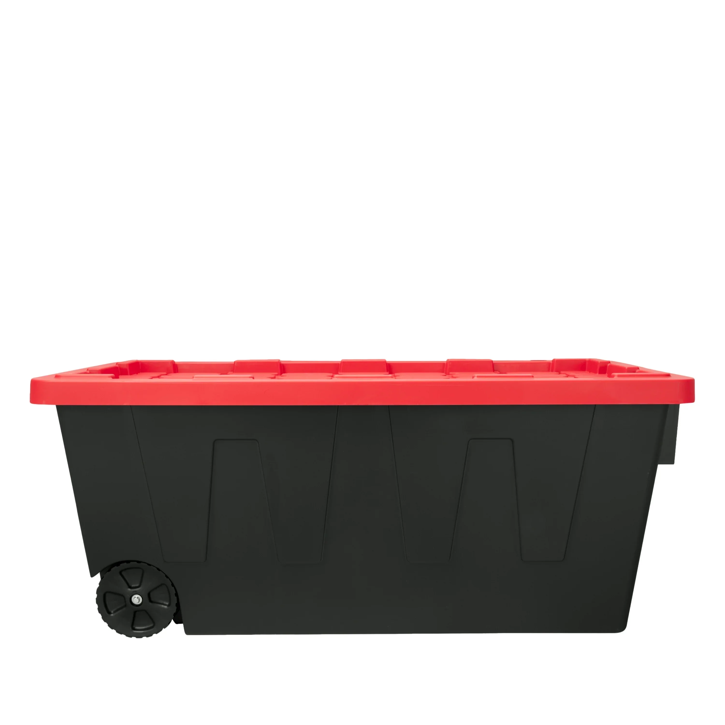 Hyper Tough 50 Gallon Wheeled Plastic Storage Bin, Black With Red Lid