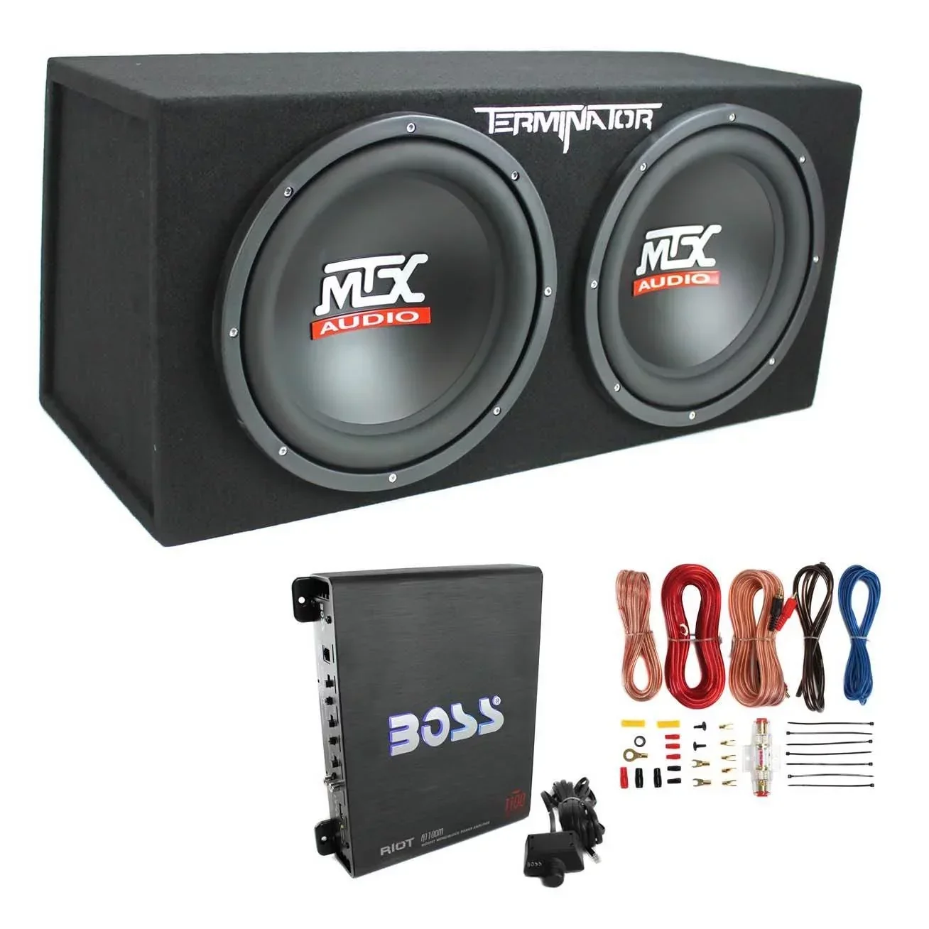 MTX Dual Loaded Car Subwoofer Enclosure 12 Inch 1200W With Boss R1100M Amplifier And Soundstorm AKS8 Kit – TNE212D
