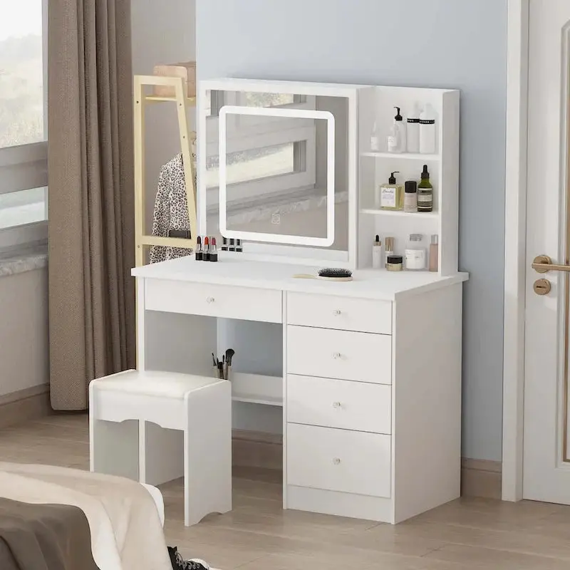 LED Vanity Desk Set With Illuminated Mirror, Stool, 39.4in Wide – White