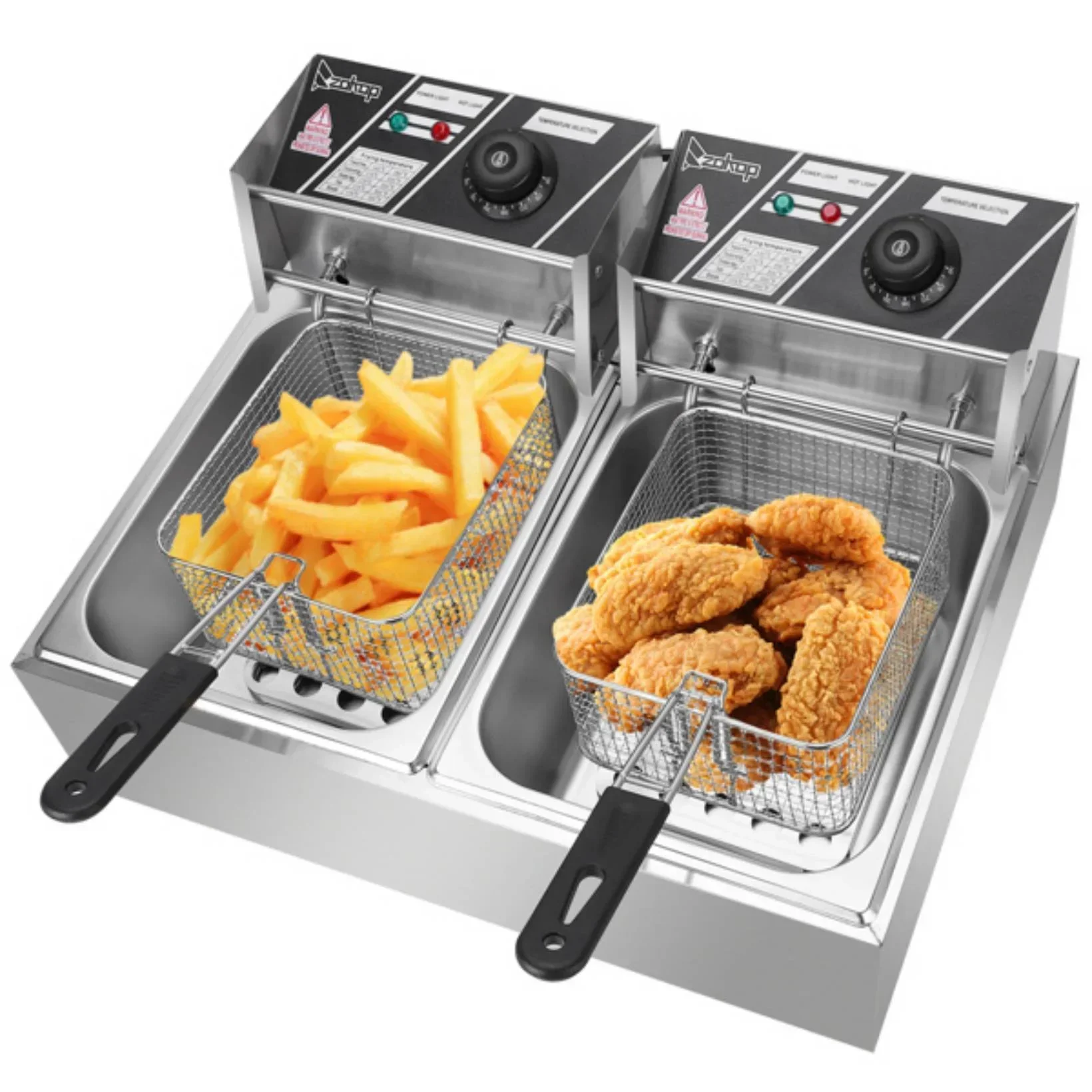 YAPENG Electric Deep Fryer, 12L x 2, 2500W x 2, Stainless Steel, Silver