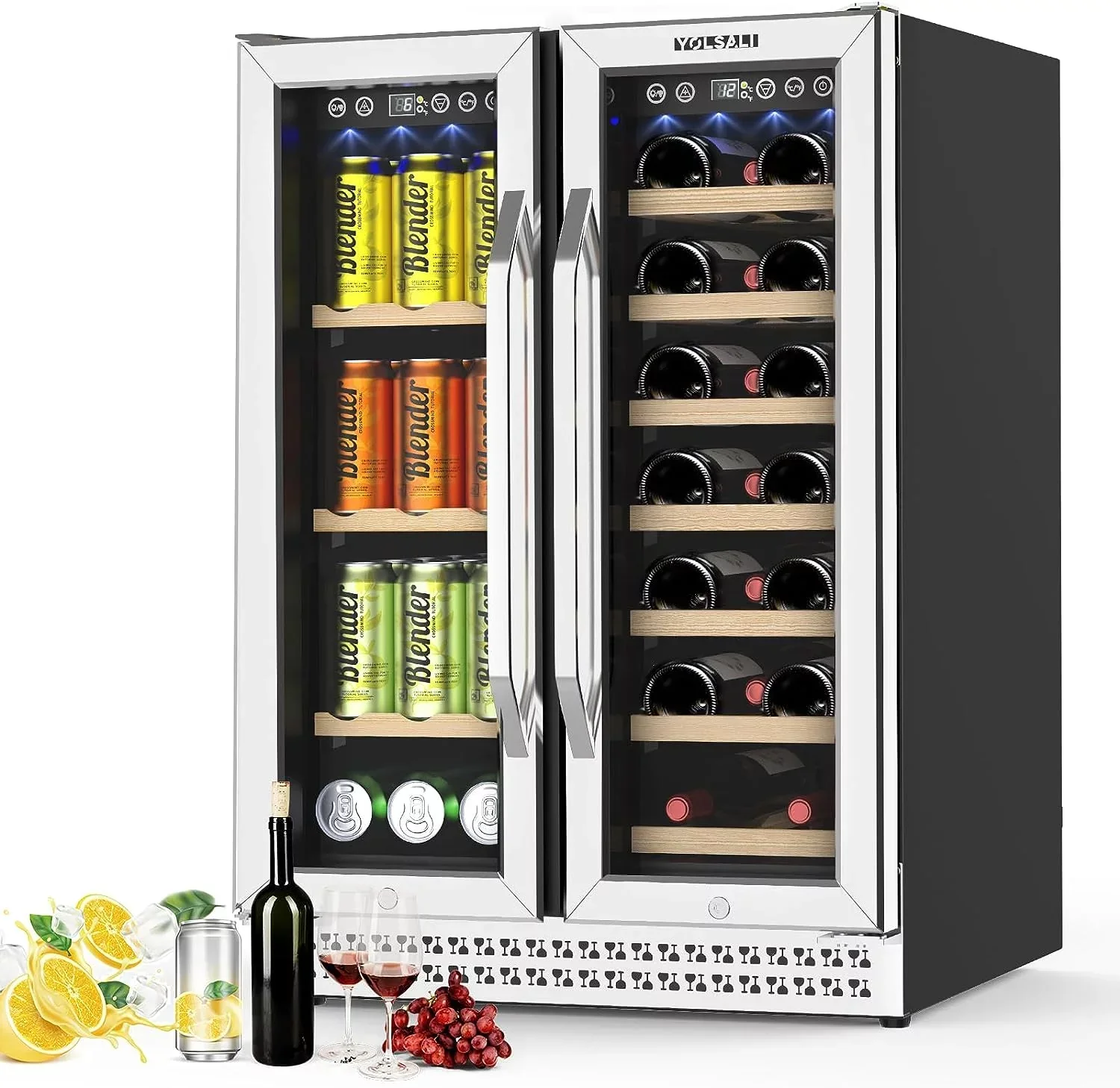 Yolsali 24 Inch Dual Zone Wine Cooler Beverage Refrigerator, 20 Bottles, 57 Cans, Silver