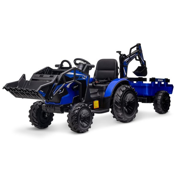 3-in-1 Ride-On Tractor 24V Electric Excavator & Bulldozer With Remote Control, LED, Music, USB/Bluetooth – Bright-Blue