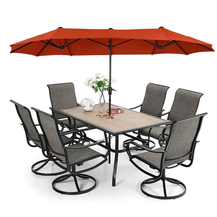 Patio Dining Set With Umbrella And 6 Sling Dining Swivel Chairs, 8-Piece – 60 x 37.4 x 28 Inches