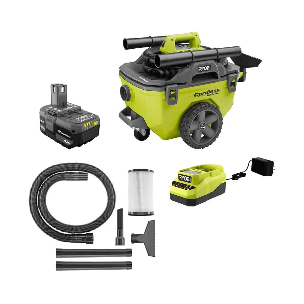 RYOBI ONE+ 18V Cordless 6 Gal Wet/Dry Vacuum Kit With 4.0 Ah Battery And Charger – P770KN
