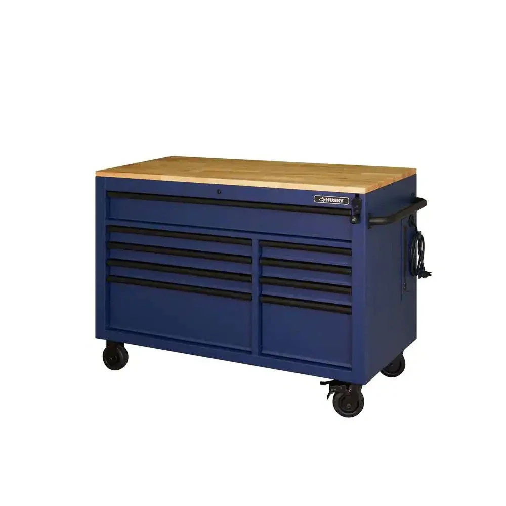 Heavy-Duty 52 in. 9-Drawer Mobile Workbench With Adjustable-Height Solid Wood Top – Matte Blue