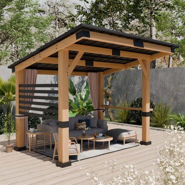 10x12FT Outdoor All-Season Wooden Cedar Hardtop Gazebo With Metal Roof And Back Curtains – SAK57184