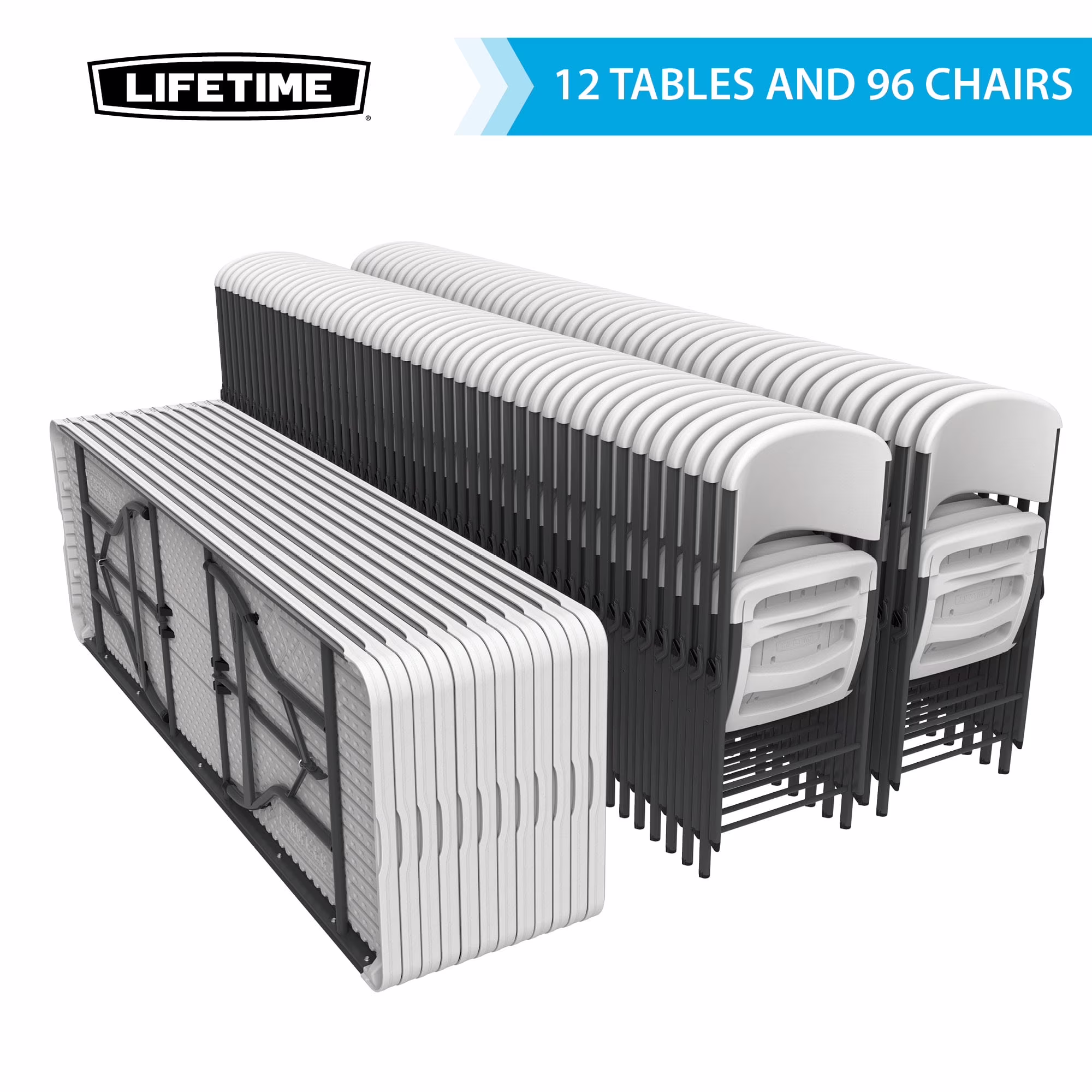 Lifetime Folding Table And Chair Set, 12 8-Foot Tables And 96 Chairs – Pack Of 108