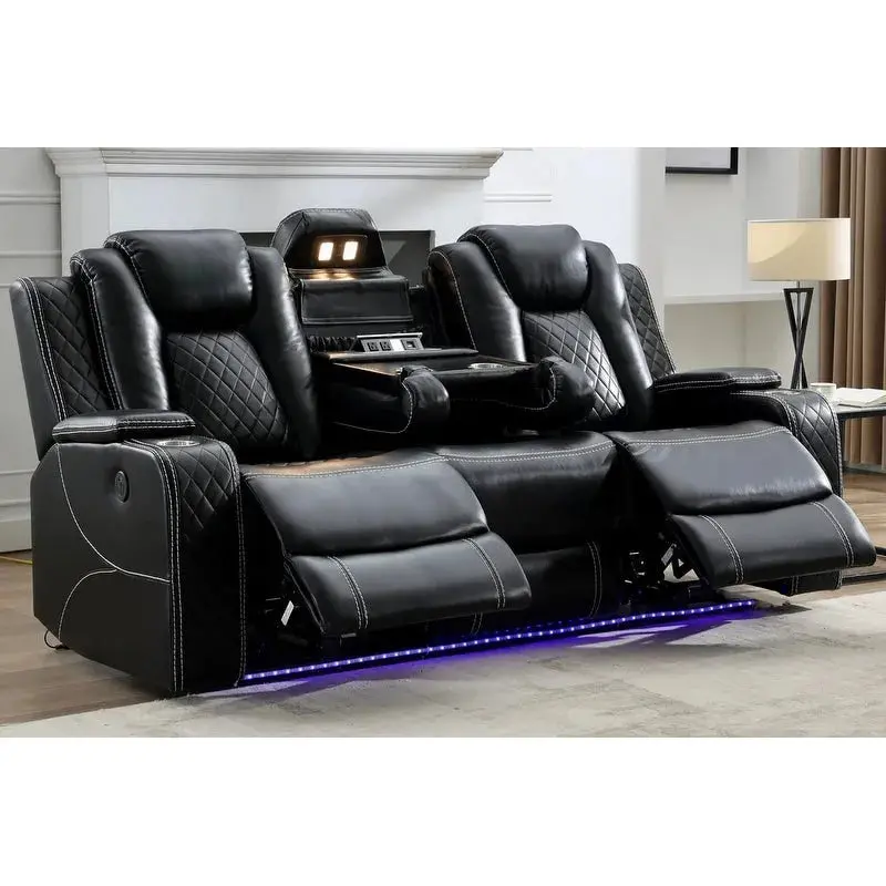 Power Reclining Living Room Sofa, 3 Seats, Faux Leather, 82 Inches Wide – Dual Recliners