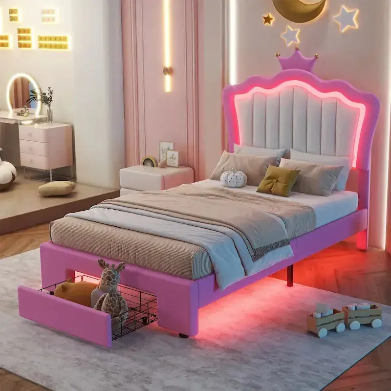 Princess-Themed Twin Upholstered Platform Bed Frame With Crown Headboard, LED Lights And Storage Drawer – Pink And White