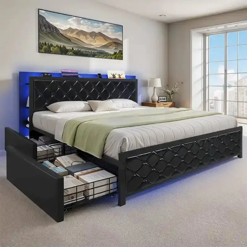 Moasis Queen Upholstered Faux Leather Platform Bed Frame With Headboard, 4 Storage Drawers, RGB LED Lights, USB-C Charging Ports – Black