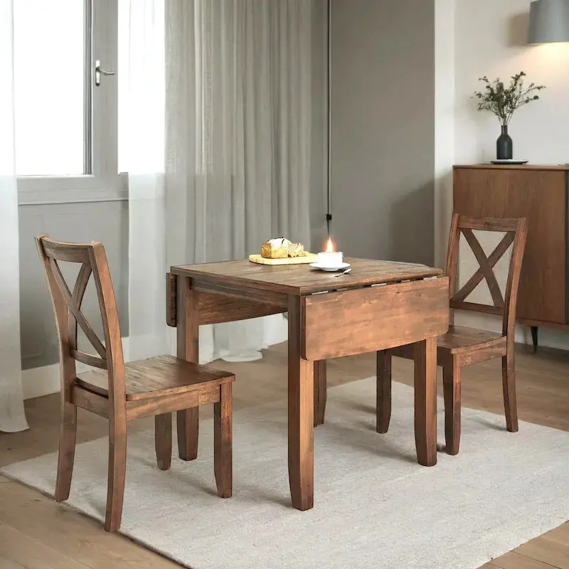 3-Piece Drop-Leaf Wood Dining Table Set With 2 X-Back Chairs – Brown